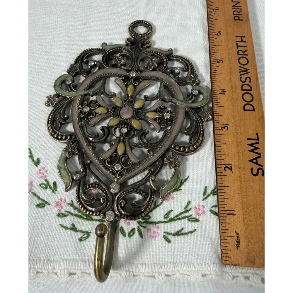 Vintage Collette Style Enameled Jeweled Heart Wall Hook Rhinestone Floral